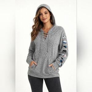 Pink Grey Hoodie Womams Med Lightweight Super Soft Pull Over Lace Up Love Pink